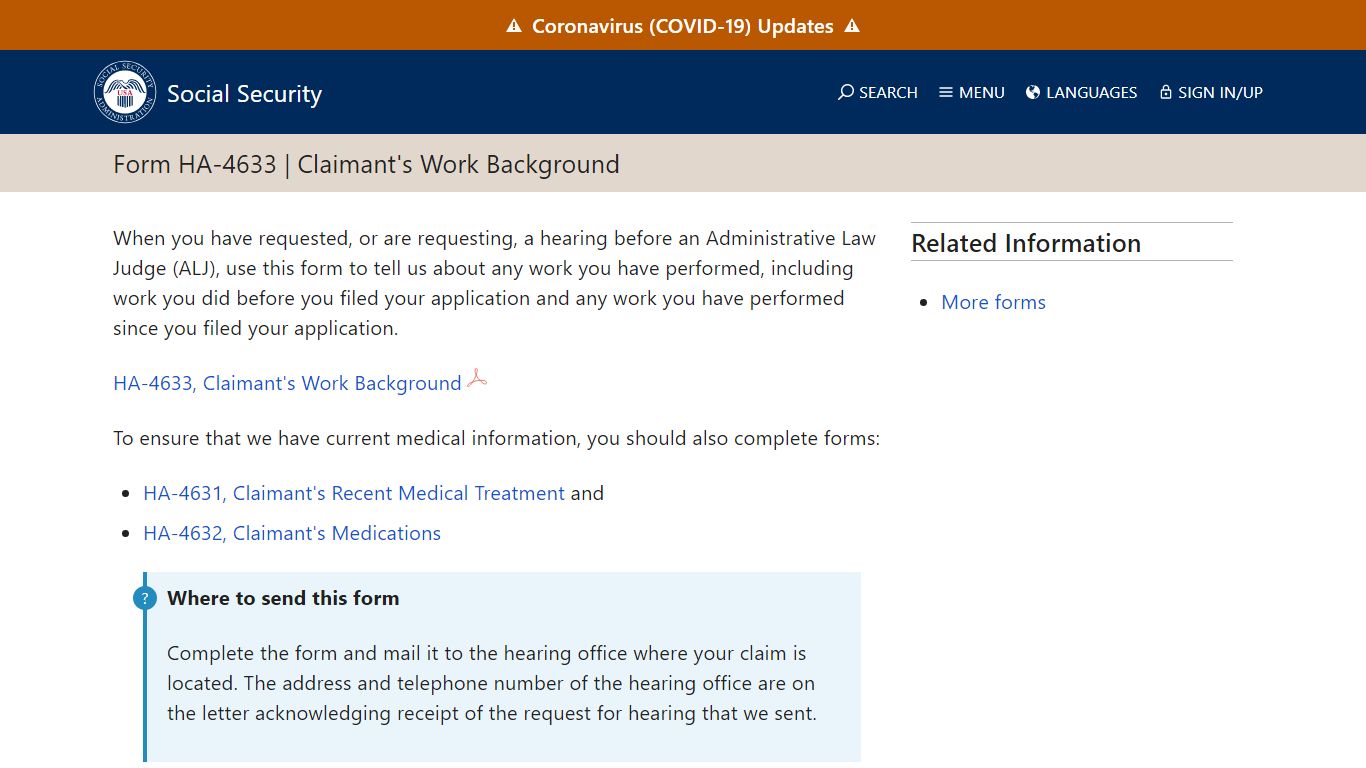 Form HA-4633 | Claimant's Work Background - Social Security Administration